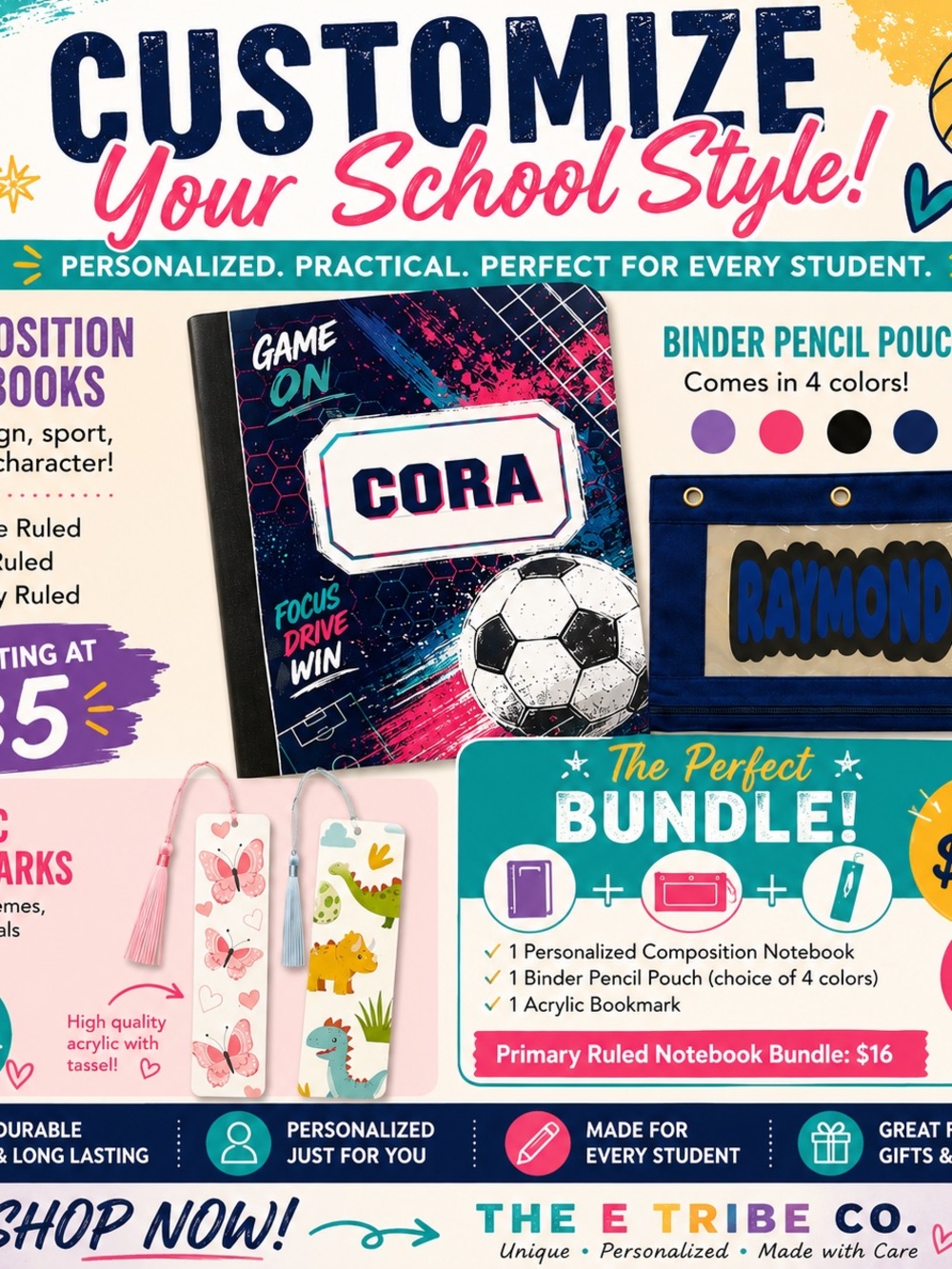 Custom Notebook Pencil Pouch and Bookmark - Personalized Back to School Supplies